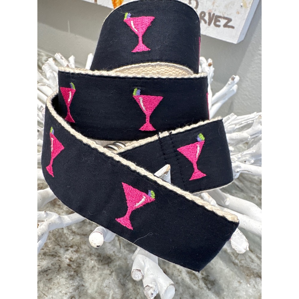 Women's Lilypod belt canvas D-ring black embroidered pink martini glasses S